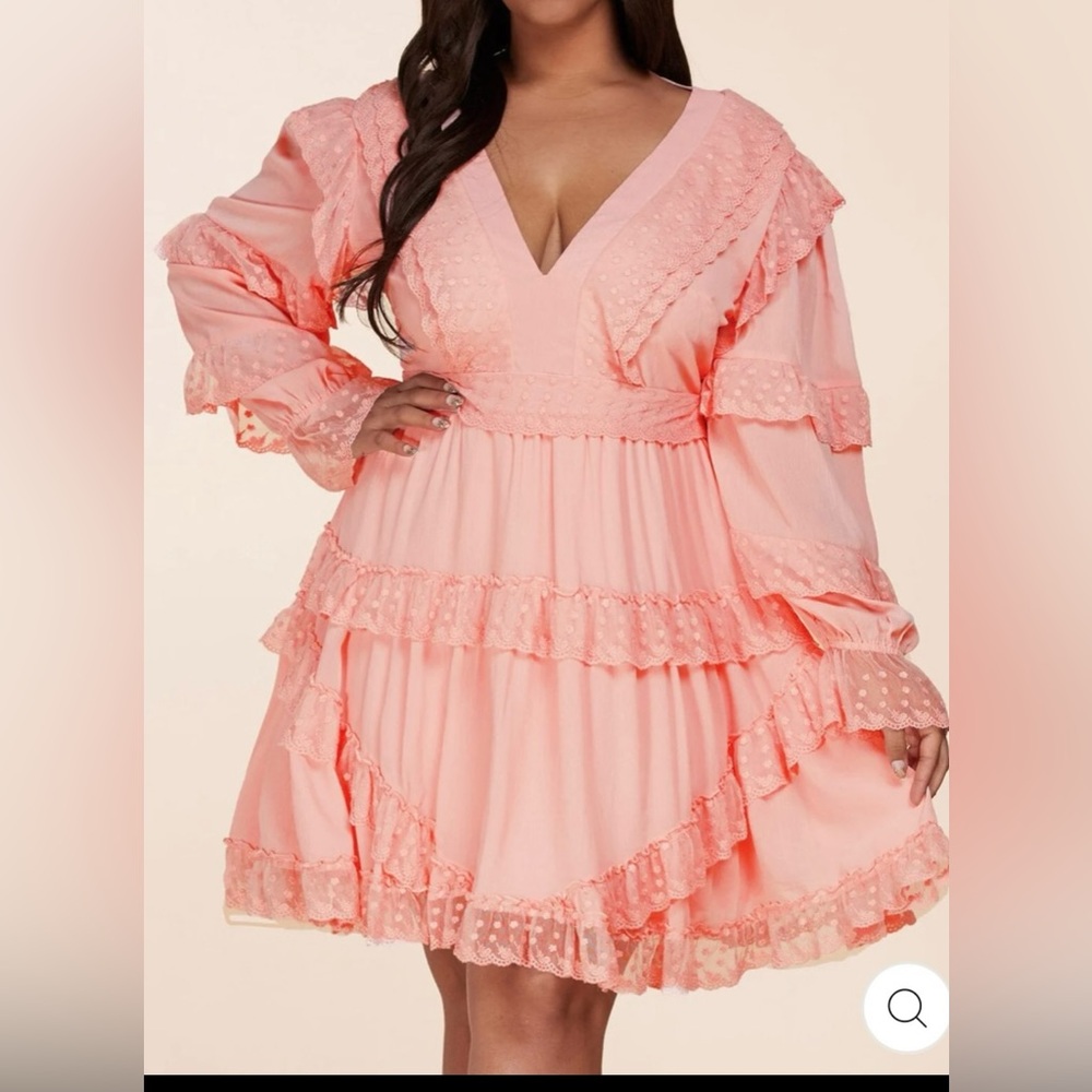 L'ATISTE Coral Pink Long Sleeve Ruffle Dress